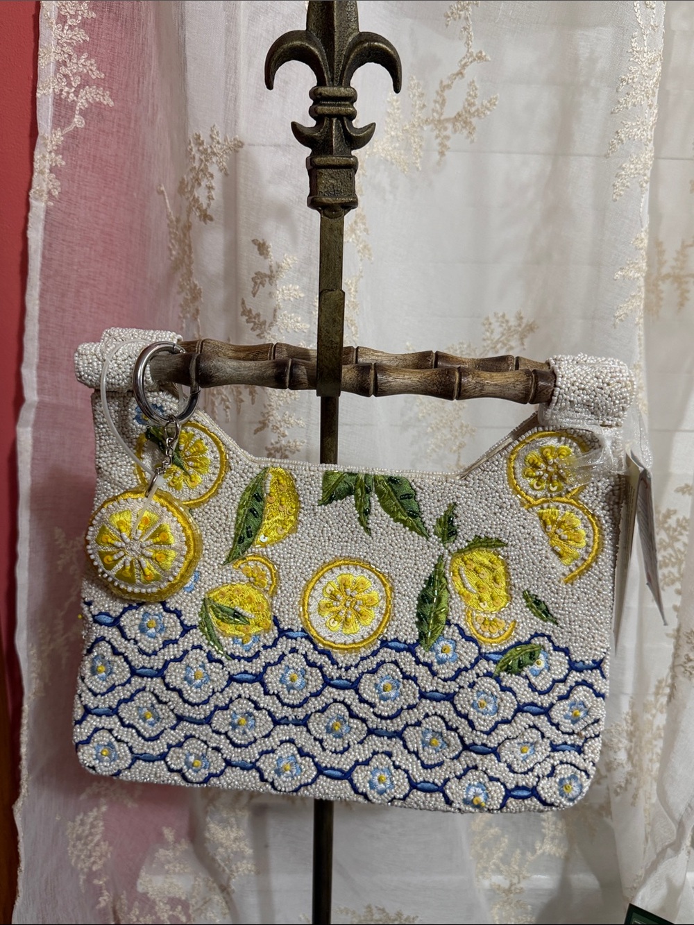 Made in India lemon π capri beaded clutch with wooden handles